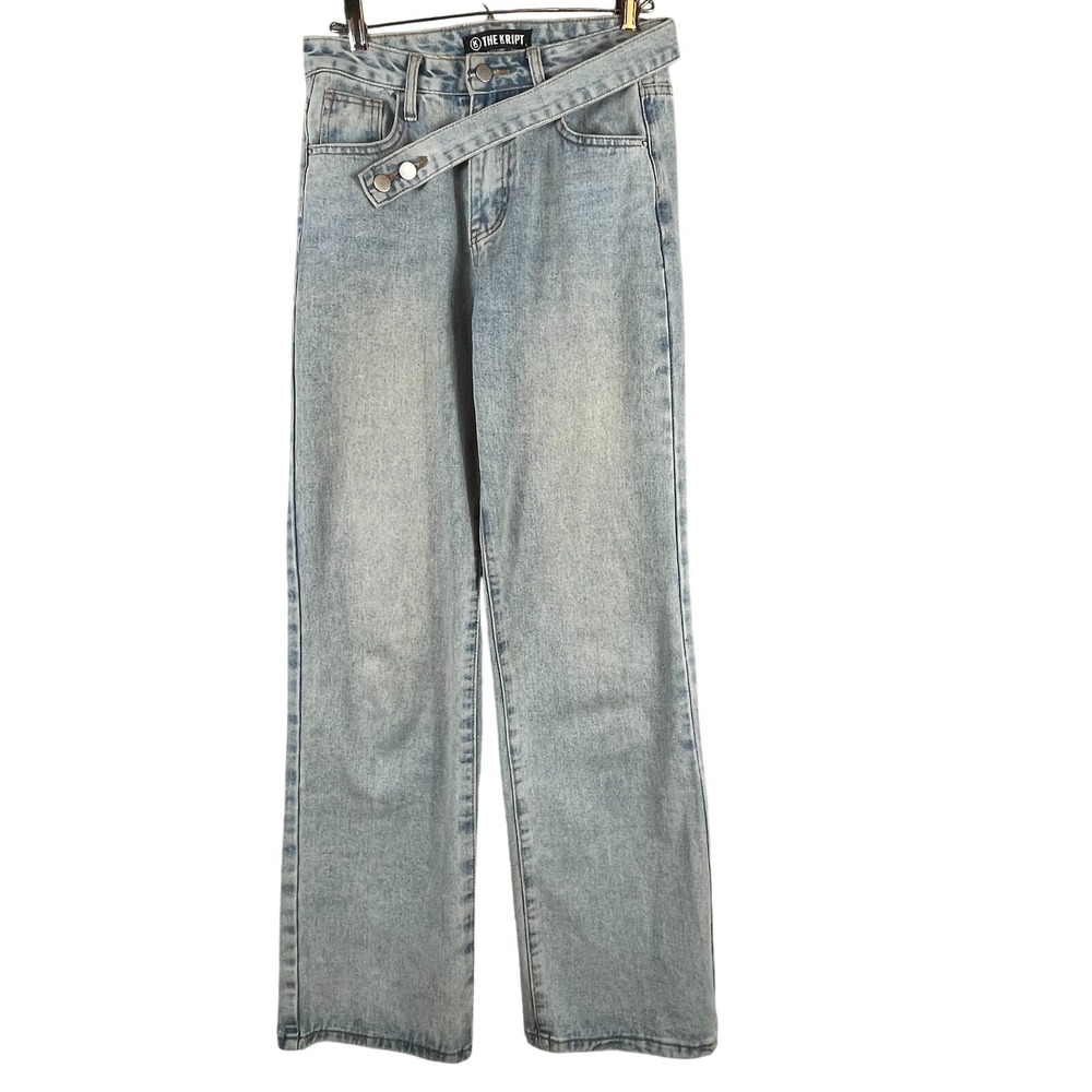 The Kript Women's S Blue Light Wash Denim Assymetrical Waist Wide Leg Jeans Y2K